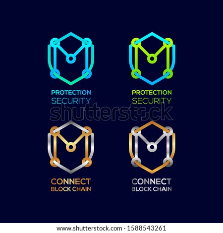 Abstract Letter M Logotype, Protection Shield Security logos with Modern line Cross shape and Link Dots or sync signs, Connect Technology and Digital symbols, Blockchain and Data concept