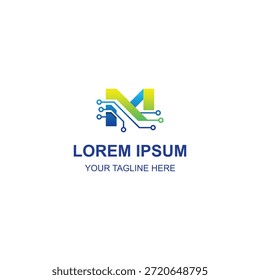 Abstract letter M monogram, blue and lime green gradient, electronic circuit lines, with Creative Illustration.