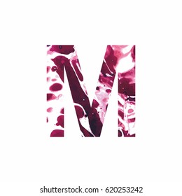Abstract letter M on a white background in the form of stains of paint. Reminiscent of marble
