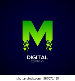 Abstract Letter M Pixel logo with Triangle Shape, Green Arrow Fly Forward Signs, Media Play Symbols, Technology and Digital Connection concept for your Corporate identity Business company