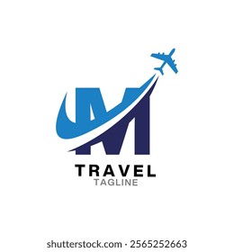 Abstract letter M with plane and airline logo design. Suitable for travel label, tourism, journey posters, flight company advertising, airways identity, and tech transportation