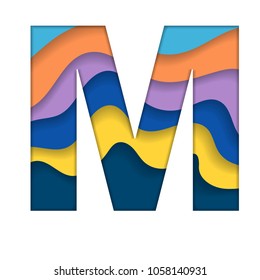 Abstract letter M silhouette with cut paper waves different colors