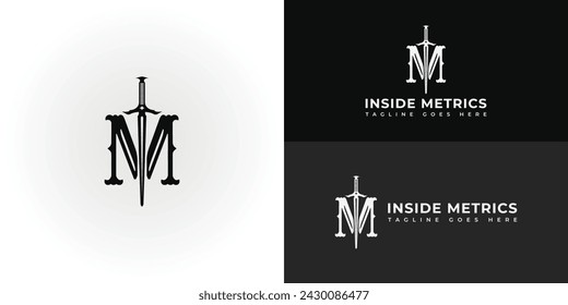 Abstract Letter M and sword logo design inspiration in black color presented with multiple background colors. The logo is suitable for Business and Consulting Company logo design inspiration templates