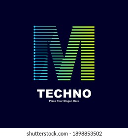 Abstract letter M technology logo vector template. Suitable for digital font industry with dot, gradient color and modern style. Also suitable for machine business.