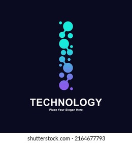 Letra abstracta I con elemento molécula y puntos de conexión de diseño de logotipo vectorial. Apto para biotecnología molécula átomo símbolo de chip de ADN, Medicina, ciencia, tecnología, laboratorio, electrónica