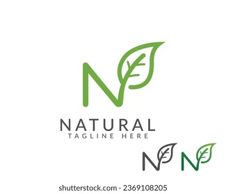 Abstract Letter N eco leaves logo design elements. N letter with leaf creative logo design, letter n leaf logo, Initial N nature vector template.