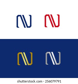 Abstract letter N in four versions: blue, red, golden and silver