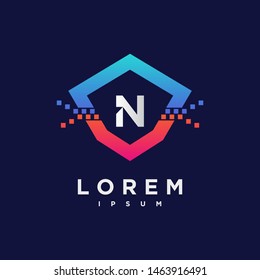 Abstract letter N logo design template. blue and pink gradient Color pixel shield creative sign. Universal vector icon.