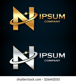 Abstract letter N logo,gold and silver star symbol,sign saturn,ring shape with sample text for your company