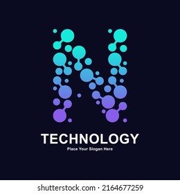 Abstract Letter N with molecule element and dots connection vector logo design. Suitable for biotechnology molecule atom DNA chip symbol, Medicine, science, technology, laboratory, electronics