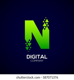 Abstract Letter N Pixel logo with Triangle Shape, Green Arrow Fly Forward Signs, Media Play Symbols, Technology and Digital Connection concept for your Corporate identity Business company