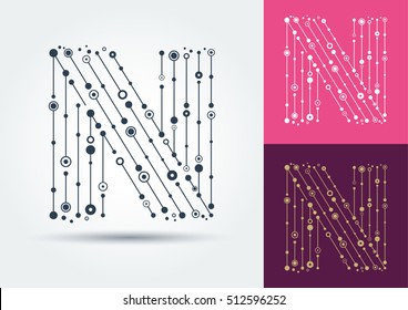 Abstract letter N. Vector isolated object on white and dark background. The logo is designed in the style of techno interlacing lines, stripes and circles. Monogram initials.