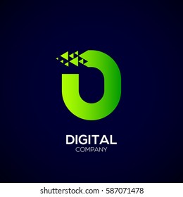 Abstract Letter O Pixel logo with Triangle Shape, Green Arrow Fly Forward Signs, Media Play Symbols, Technology and Digital Connection concept for your Corporate identity Business company