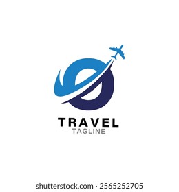 Abstract letter O with plane and airline logo design. Suitable for travel label, tourism, journey posters, flight company advertising, airways identity, and tech transportation