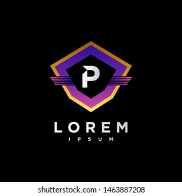 Abstract letter P logo design template. gradient purple and black Color shield creative sign. Universal vector icon.