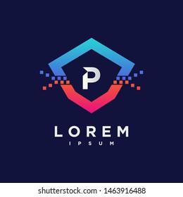 Abstract letter P logo design template. blue and pink gradient Color pixel shield creative sign. Universal vector icon.