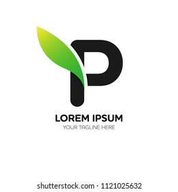 Abstract letter P logo vector design. Icon eco character and leaf concept template.