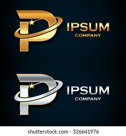 Abstract letter P logo,gold and silver star symbol,sign saturn,ring shape with sample text for your company
