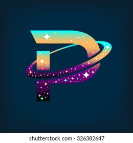 Abstract letter P logo,Space logo.Observatory,tourism,galaxy,moon,satellite,alien,Planet,astronaut.Interesting design template for your company logo