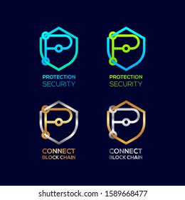 Abstract Letter P Logotype, Protection Shield Security logos with Modern line Cross shape and Link Dots or sync signs, Connect Technology and Digital symbols, Blockchain and Data concept