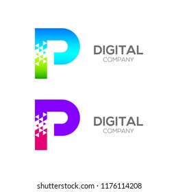 Abstract Letter P Pixel logo with Triangle Shape, Arrow Fly Forward Signs, Media Play Symbols, Technology and Digital Connection concept for your Corporate identity Business company