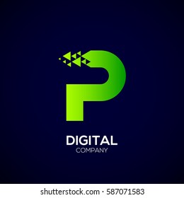 Abstract Letter P Pixel logo with Triangle Shape, Green Arrow Fly Forward Signs, Media Play Symbols, Technology and Digital Connection concept for your Corporate identity Business company
