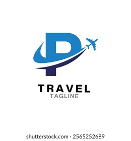 Abstract letter P with plane and airline logo design. Suitable for travel label, tourism, journey posters, flight company advertising, airways identity