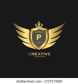 Plantilla de diseño del logotipo del escudo P de la letra abstracta. Signo de negocio de monograma nominal premium.