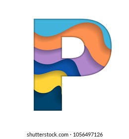 Abstract letter P silhouette with cut paper waves different colors