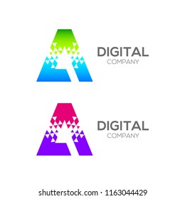 Abstract Letter A Pixel logo with Triangle Shape, Arrow Fly Forward Signs, Media Play Symbols, Technology and Digital Connection concept for your Corporate identity Business company