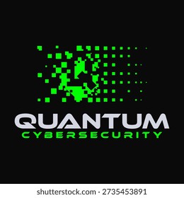 Letra Abstractas Q compuesta de bloques de píxeles y fragmentos digitales, que representan la tecnología de criptografía cuántica y la protección de la ciberseguridad. Logotipo futurista con diseño de estilo de transformación digital.