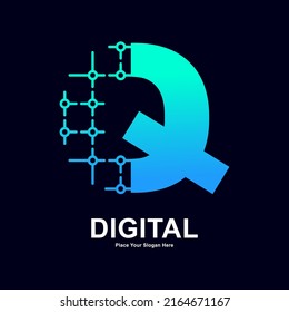 Abstract letter Q with dots connection vector logo design. Suitable for biotechnology molecule atom DNA chip symbol, Medicine, science, technology, laboratory, electronic