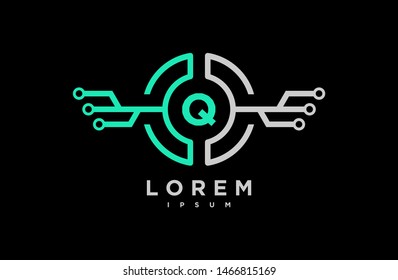 Abstract letter Q line logo design template. black, blue and green Color link creative sign. Universal vector icon. Logotypes of Digital Concepts and Circles, Connections, drone and Networks Icons.