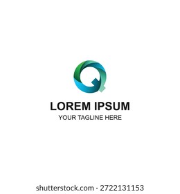 Logotipo Abstractas de la letra Q, con cintas degradadas azules y verdes, estilo brillante, con ilustración creativa.