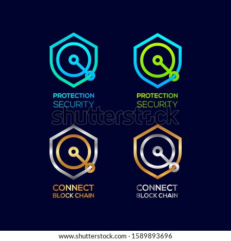 Abstract Letter Q Logotype, Protection Shield Security logos with Modern line Cross shape and Link Dots or sync signs, Connect Technology and Digital symbols, Blockchain and Data concept