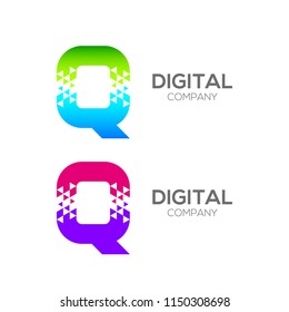 Abstract Letter Q Pixel logo with Triangle Shape, Arrow Fly Forward Signs, Media Play Symbols, Technology and Digital Connection concept for your Corporate identity Business company