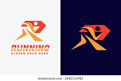 Abstract Letter R combined with running person silhouette in dynamic logo. Sport vector logo illustration.