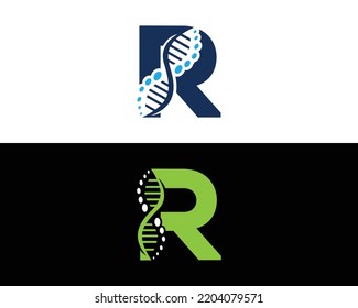 Resumen Carta R Concepto de logotipo de biología del ADN. Icono de vectores de ciencia creativa, laboratorio y biotecnología.