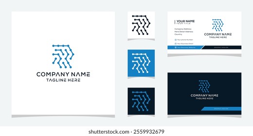 abstract letter R dot data connection technology logo design, business card vector template