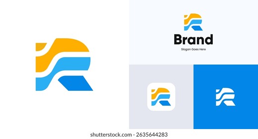 Letra Abstractas R con el elemento de Ilustración vectorial del diseño del icono del logotipo de las ondas dinámicas editable, signo inicial del alfabeto del símbolo moderno con el piso colorido conveniente para la identidad de la marca y la compañía empresarial