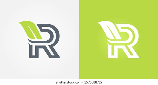 Abstract letter R line logo design template. grey and green Color ecology creative sign. Universal vector icon. Element, organic, natural, bio Icons.