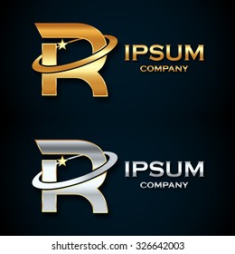 Abstract letter R logo,gold and silver star symbol,sign saturn,ring shape with sample text for your company