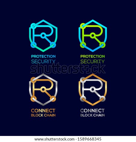 Abstract Letter R Logotype, Protection Shield Security logos with Modern line Cross shape and Link Dots or sync signs, Connect Technology and Digital symbols, Blockchain and Data concept