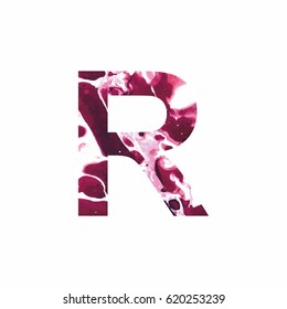 Abstract letter R on a white background in the form of stains of paint. Reminiscent of marble