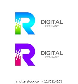 Abstract Letter R Pixel logo with Triangle Shape, Arrow Fly Forward Signs, Media Play Symbols, Technology and Digital Connection concept for your Corporate identity Business company