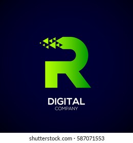 Abstract Letter R Pixel logo with Triangle Shape, Green Arrow Fly Forward Signs, Media Play Symbols, Technology and Digital Connection concept for your Corporate identity Business company