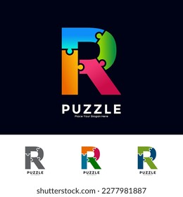 Letra abstracta R piezas del rompecabezas colorido diseño del logotipo vectorial. Adecuado para negocios, educación, juegos, pegatinas y plantillas