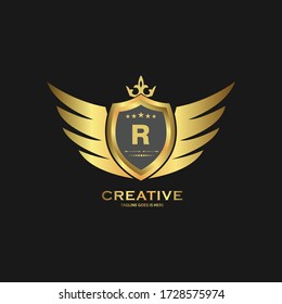 Abstract letter R shield logo design template. Premium nominal monogram business sign 