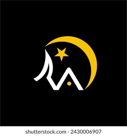 Abstract letter RA logo design with moon and stars illustration.