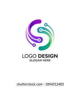 Abstract letter S and circuits for technology and security logo design